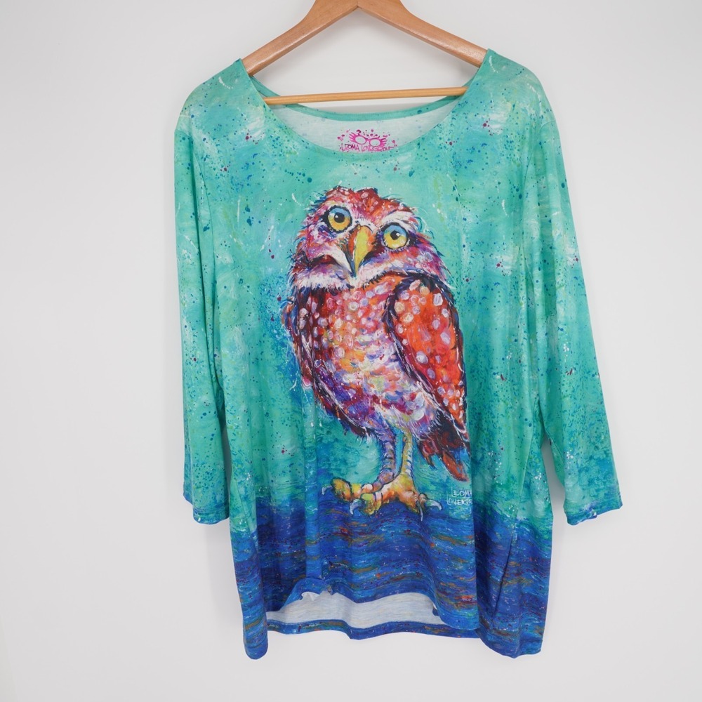 Leoma Lovegrove Tunic Top Women XXL Colorful Tropical Art Owl Print Resort Beach